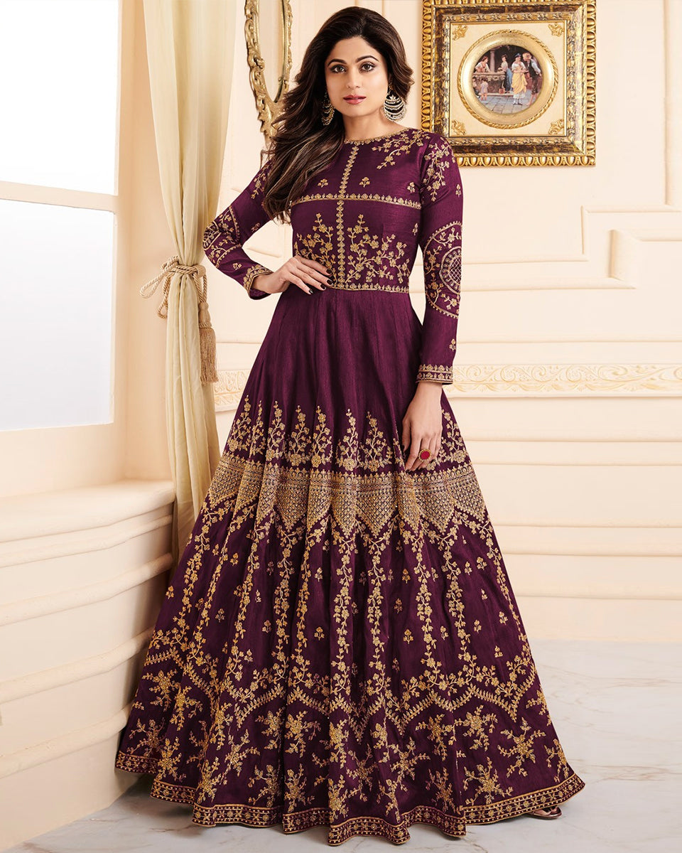 Purple Rayon Embroidered Flared Stitched Suit Set | Nayra-Cut-1006 | Cilory .com
